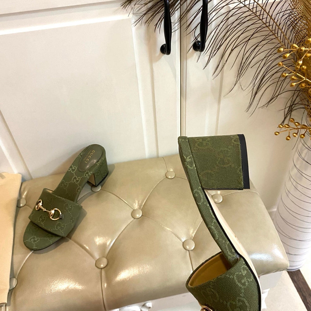 GUCCI 26S HIGH-HEELED SANDALS 65 MM IN MOSS GREEN CANVAS