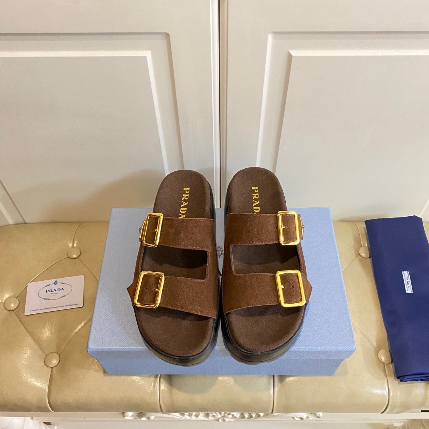 PRADA 26S DOUBLE BUCKLE SLIDE SANDALS CHUNKY SOLE IN DARK BROWN SUEDE