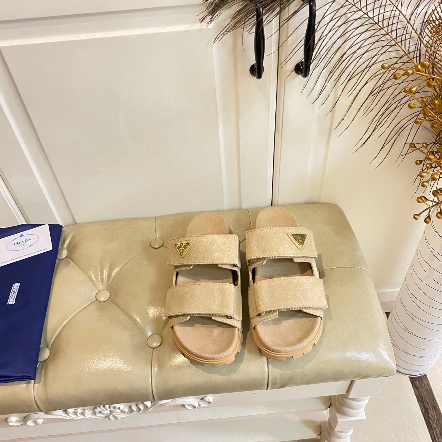 PRADA 26S DOUBLE STRAP SANDALS CHUNKY SOLE IN BEIGE SUEDE WITH LOGO