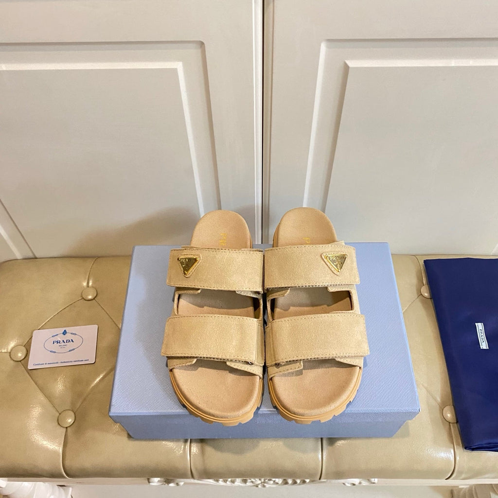 PRADA 26S DOUBLE STRAP SANDALS CHUNKY SOLE IN BEIGE SUEDE WITH LOGO