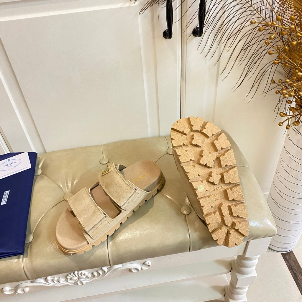 PRADA 26S DOUBLE STRAP SANDALS CHUNKY SOLE IN BEIGE SUEDE WITH LOGO