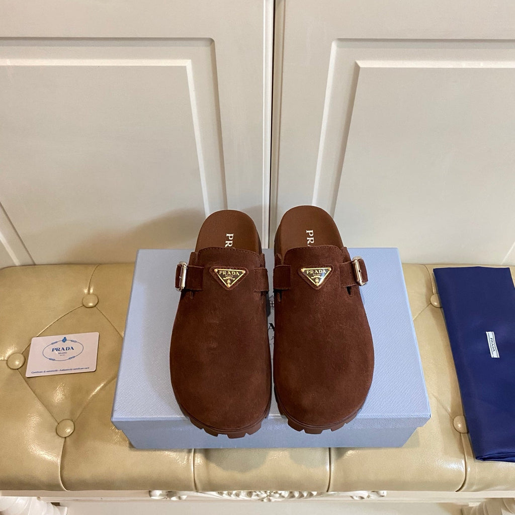 PRADA 26S BUCKLE CLOG SANDALS CHUNKY SOLE IN DARK BROWN SUEDE