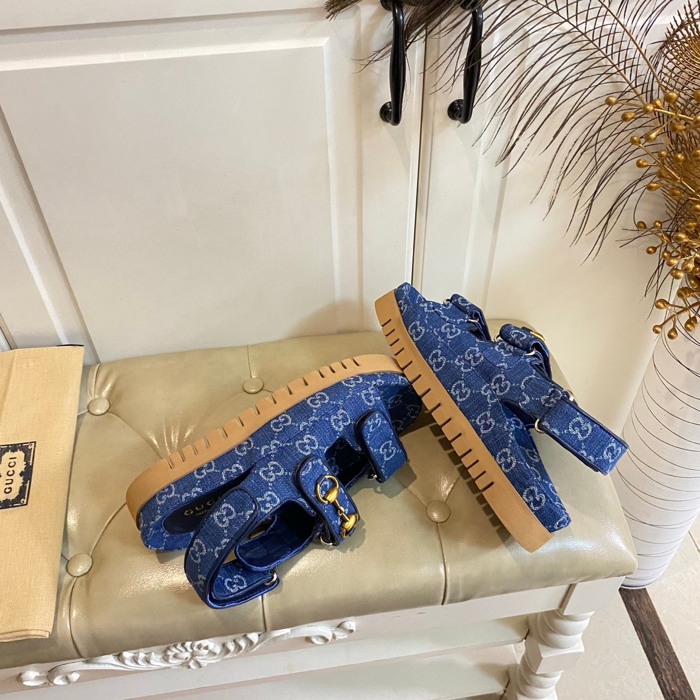 GUCCI 26S SANDALS IN BLUE JACQUARD FABRIC STYLE 1