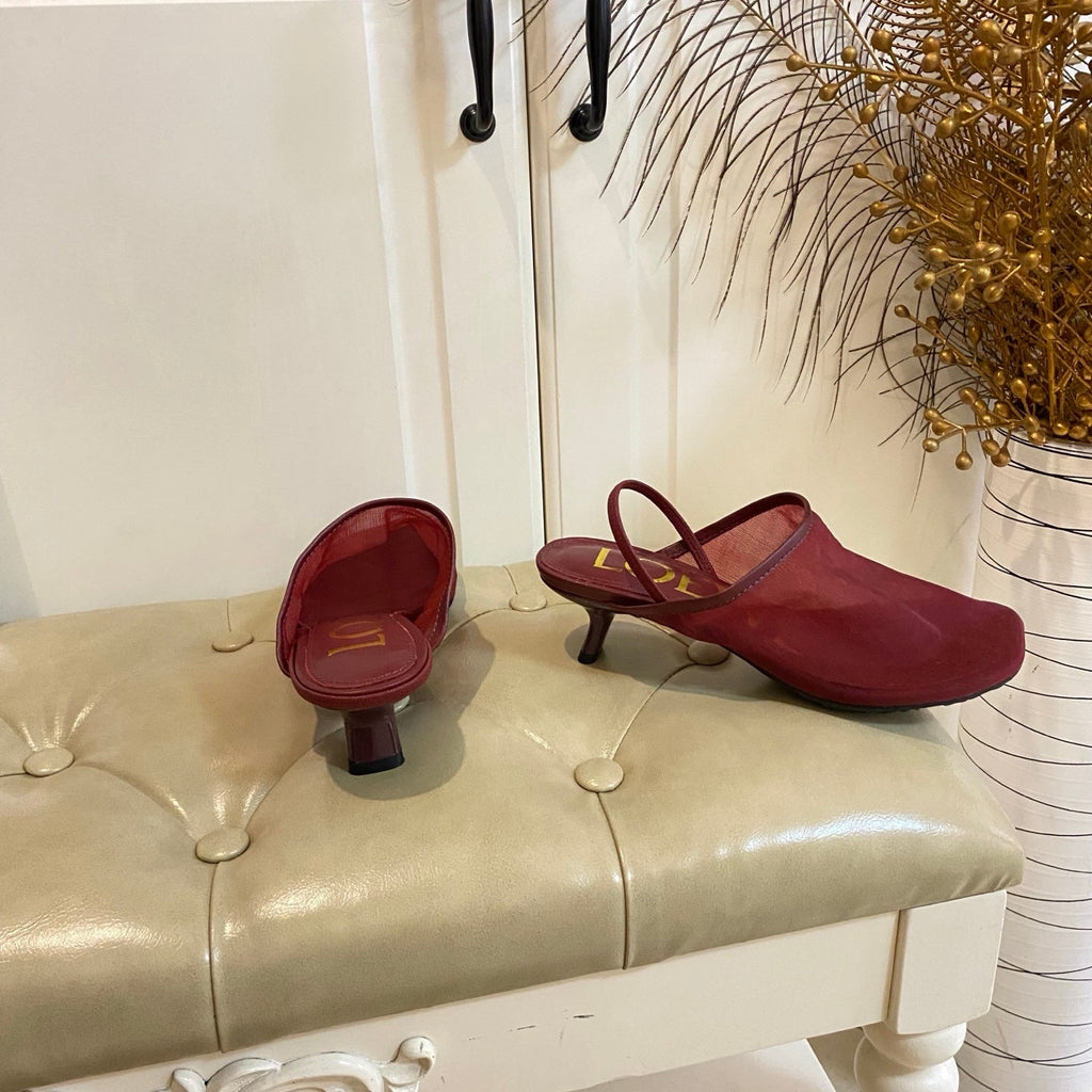 LOEWE 26S SLINGBACK MULES 45MM IN BURGUNDY RED MESH