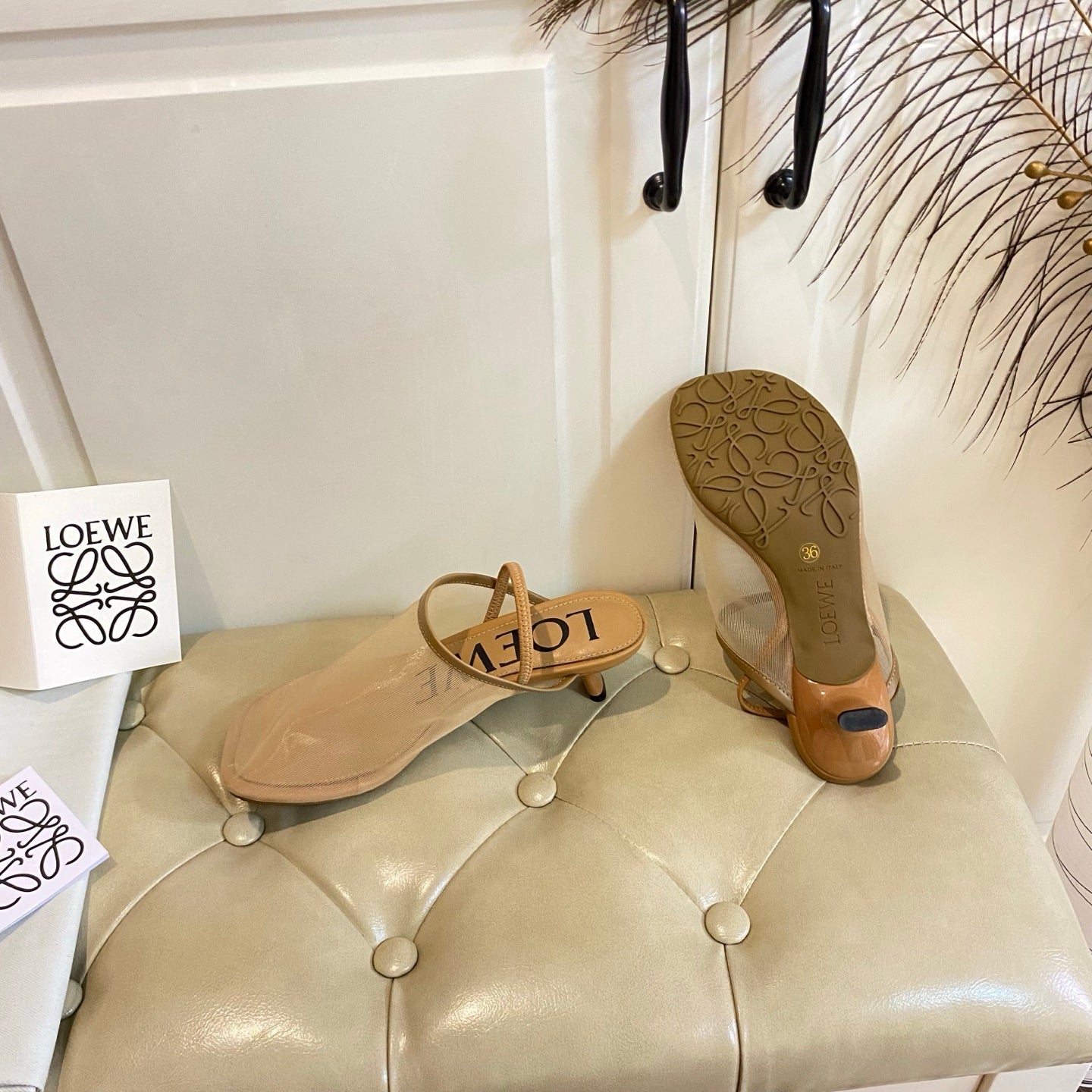 LOEWE 26S SLINGBACK MULES 45MM IN BROWN MESH