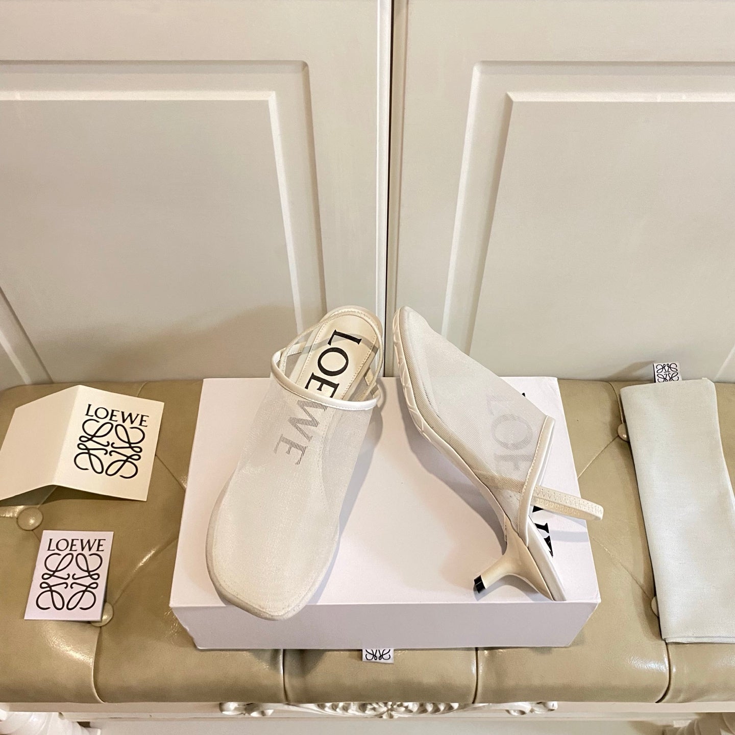 LOEWE 26S SLINGBACK MULES 45MM IN WHITE MESH
