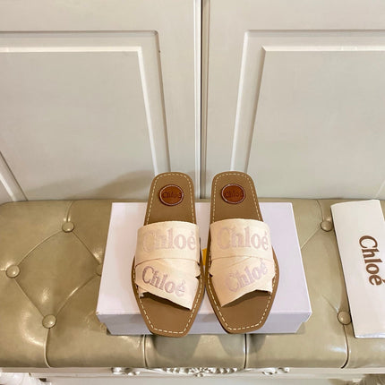 CHLOE 26S SQUARE-TOE SLIDES IN BEIGE CANVAS