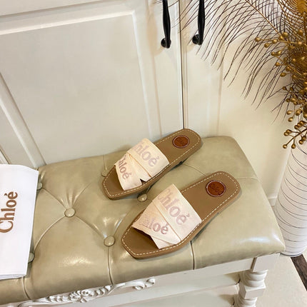 CHLOE 26S SQUARE-TOE SLIDES IN BEIGE CANVAS