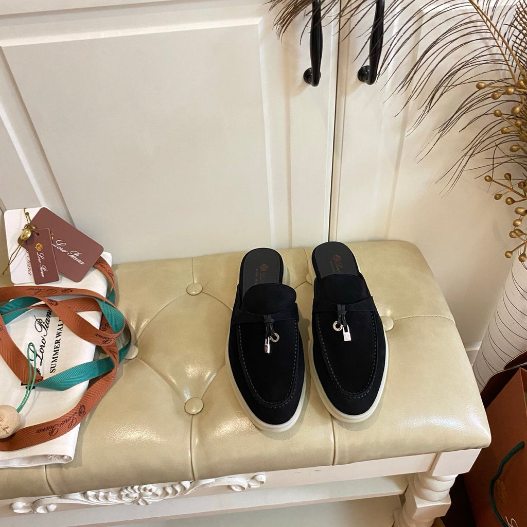 LP 26S LOCK CHARM MULES IN BLACK SUEDE GOLD HARDWARE