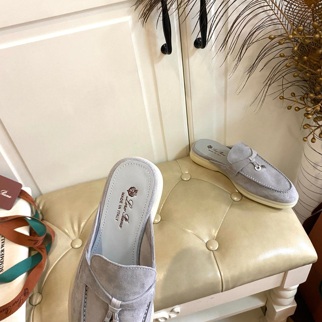 LP 26S LOCK CHARM MULES IN LIGHT GREY SUEDE GOLD HARDWARE