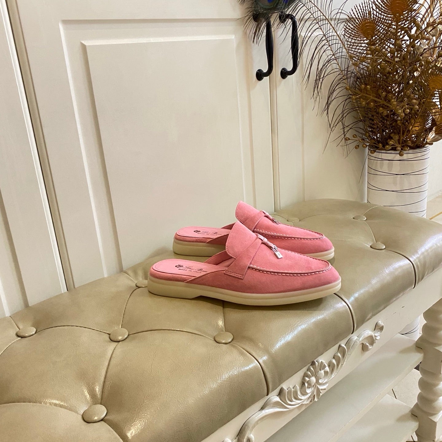 LP 26S LOCK CHARM MULES IN PINK SUEDE GOLD HARDWARE