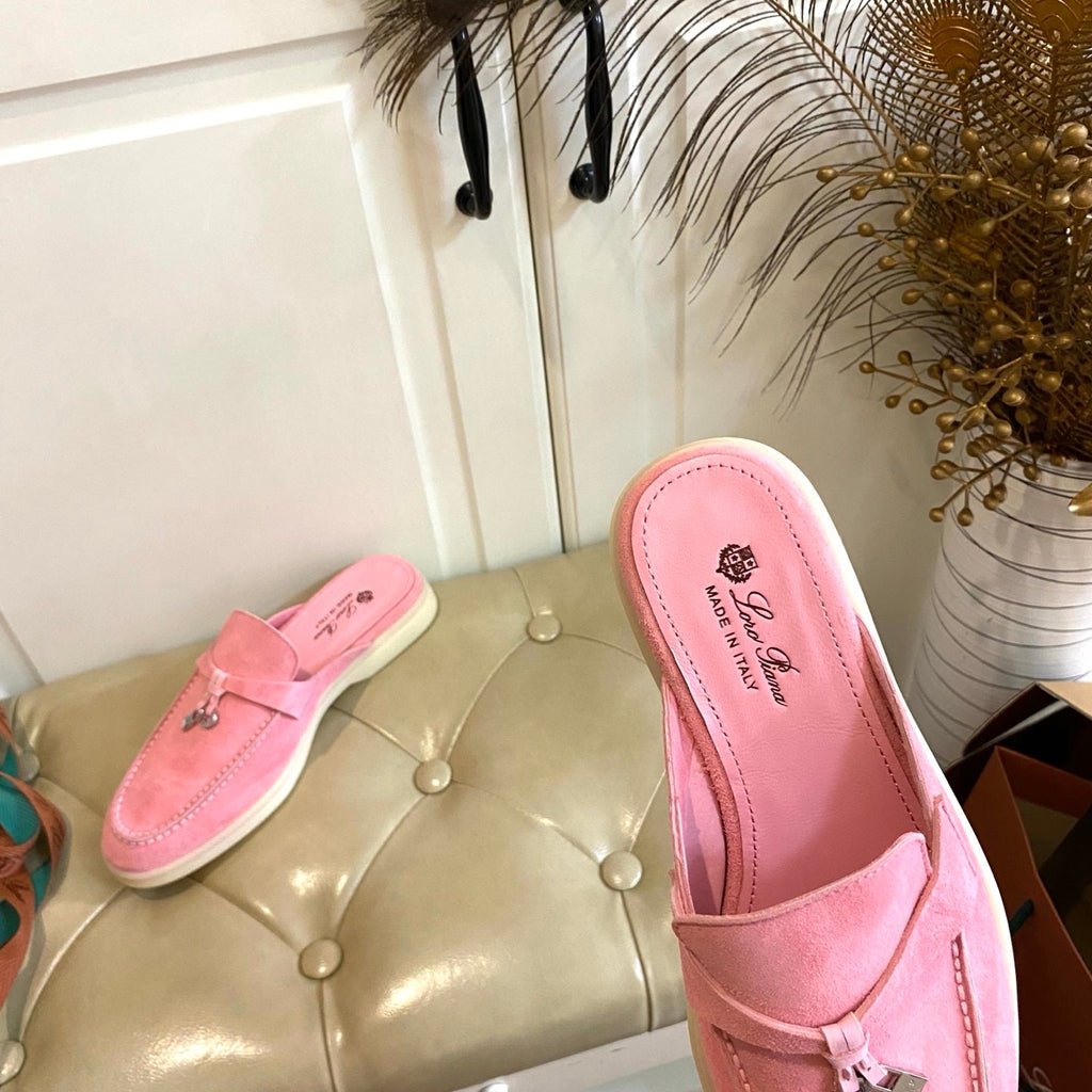 LP 26S LOCK CHARM MULES IN PINK SUEDE GOLD HARDWARE