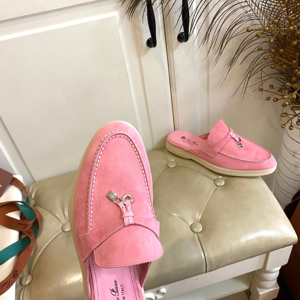 LP 26S LOCK CHARM MULES IN PINK SUEDE GOLD HARDWARE