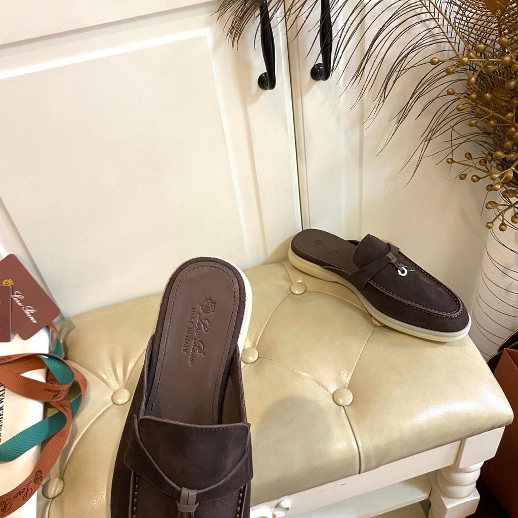 LP 26S LOCK CHARM MULES IN DARK BROWN SUEDE GOLD HARDWARE