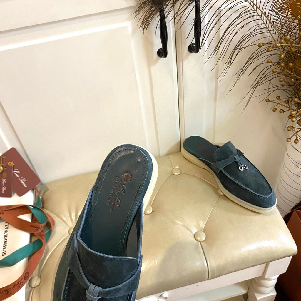 LP 26S LOCK CHARM MULES IN SLATE BLUE SUEDE GOLD HARDWARE