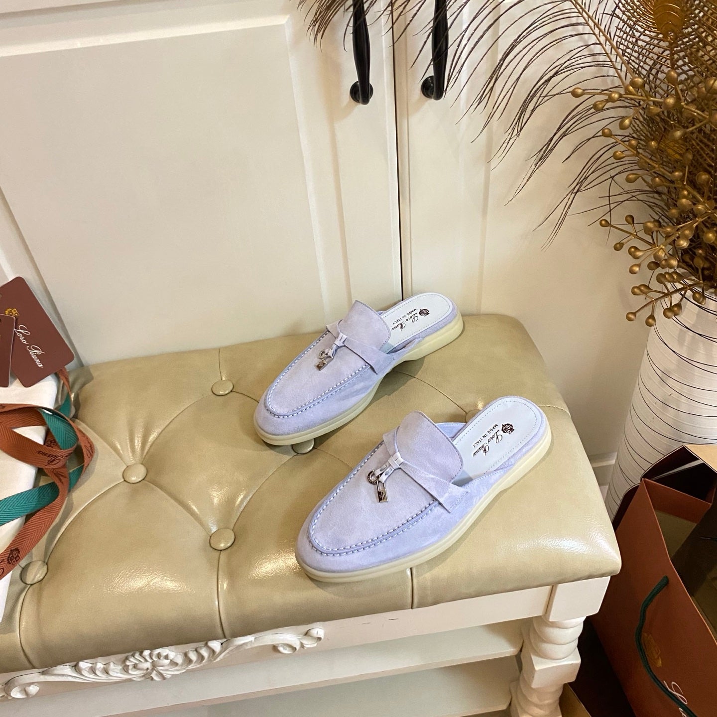 LP 26S LOCK CHARM MULES IN LIGHT PURPLE SUEDE GOLD HARDWARE