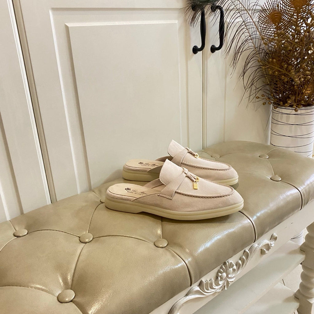 LP 26S LOCK CHARM MULES IN BEIGE SUEDE GOLD HARDWARE