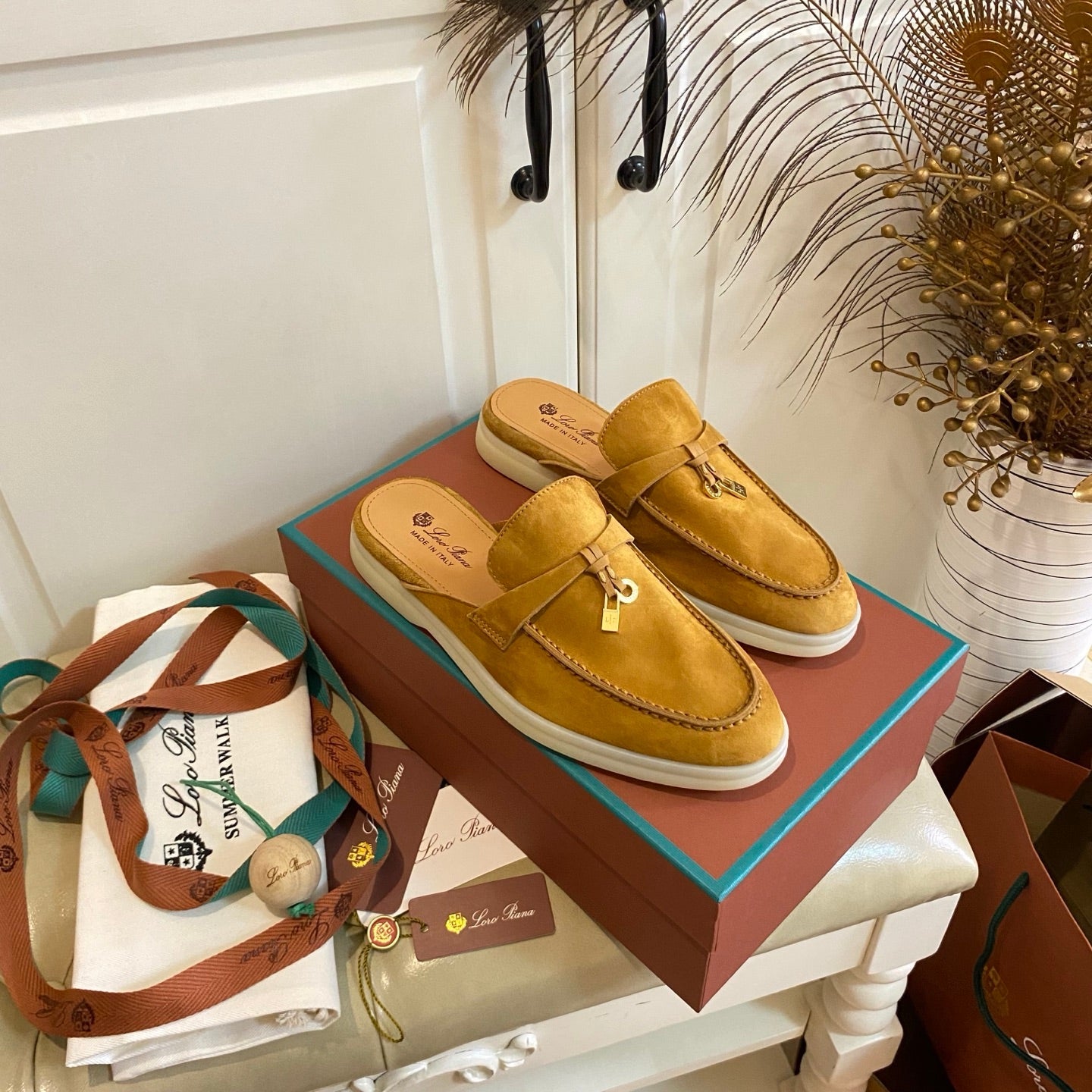 LP 26S LOCK CHARM MULES IN HONEY YELLOW SUEDE GOLD HARDWARE