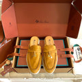 LP 26S LOCK CHARM MULES IN HONEY YELLOW SUEDE GOLD HARDWARE