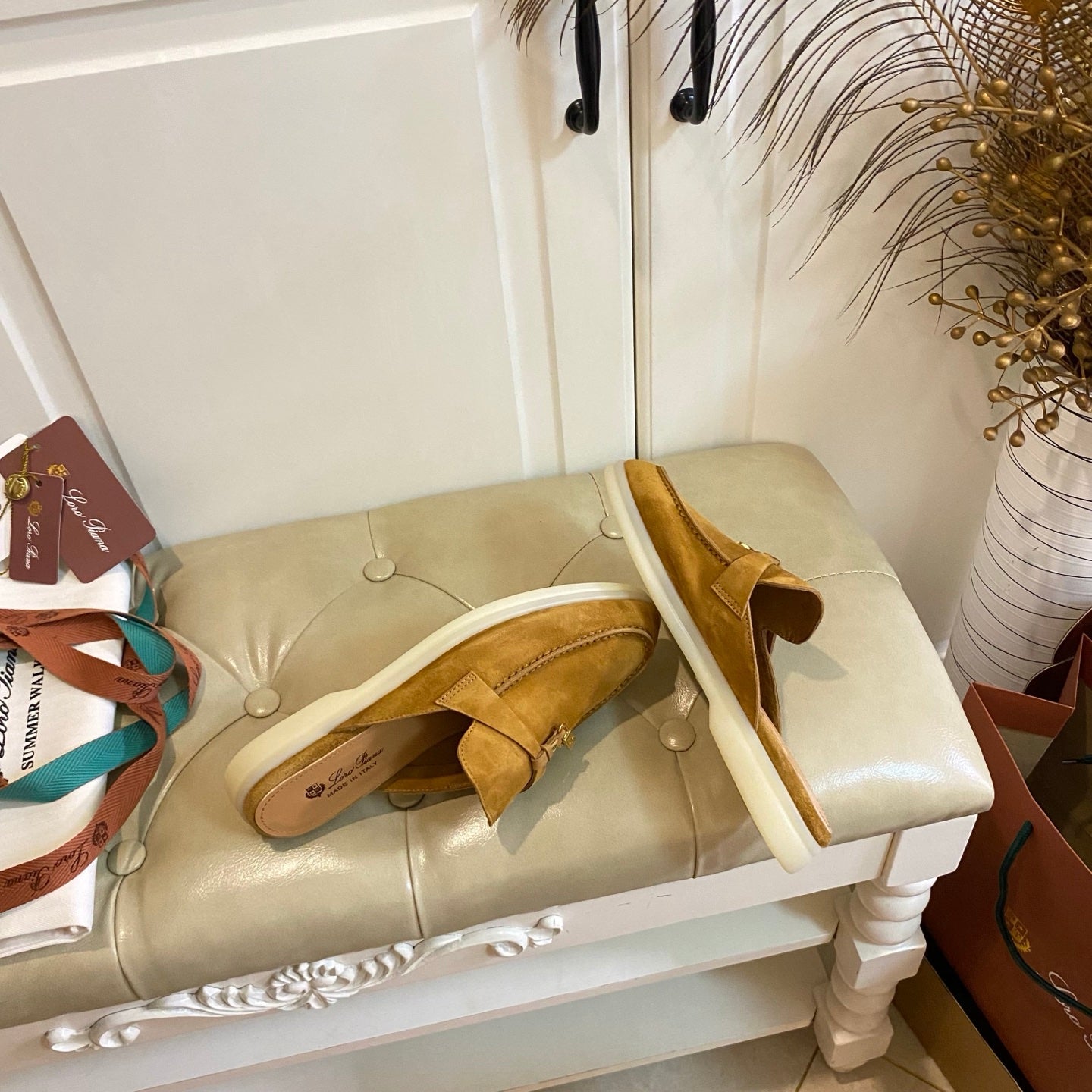 LP 26S LOCK CHARM MULES IN HONEY YELLOW SUEDE GOLD HARDWARE