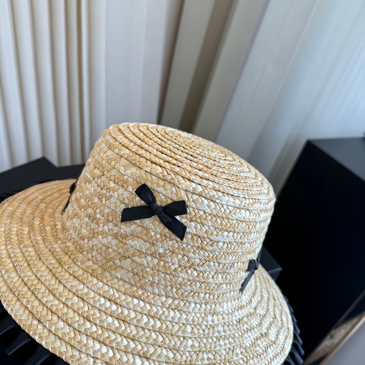 CHANEL 26S BOATER STRAW HAT WITH BLACK CC LOGO 337952