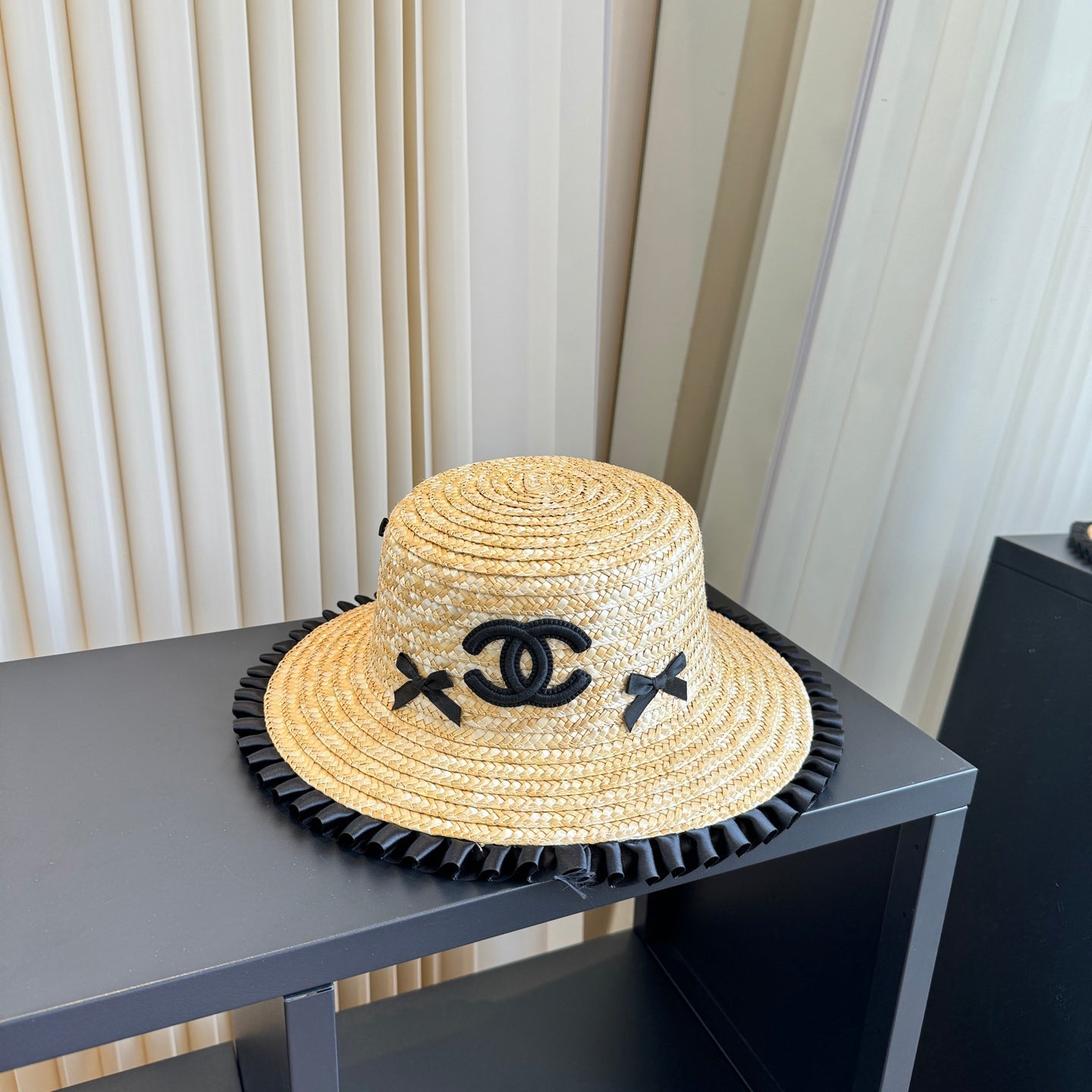 CHANEL 26S BOATER STRAW HAT WITH BLACK CC LOGO 337952