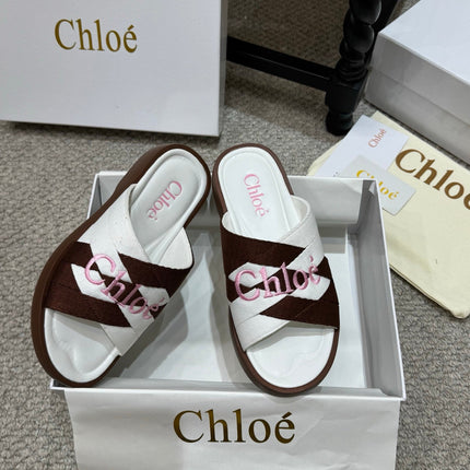CHLOE 26S FLAT SLIDES IN WHITE & DARK BROWN CANVAS