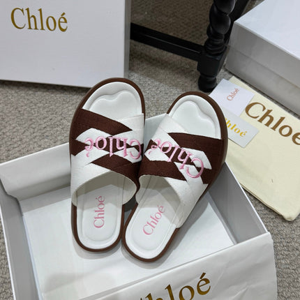 CHLOE 26S FLAT SLIDES IN WHITE & DARK BROWN CANVAS