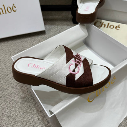 CHLOE 26S FLAT SLIDES IN WHITE & DARK BROWN CANVAS
