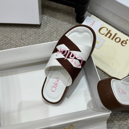 CHLOE 26S FLAT SLIDES IN WHITE & DARK BROWN CANVAS