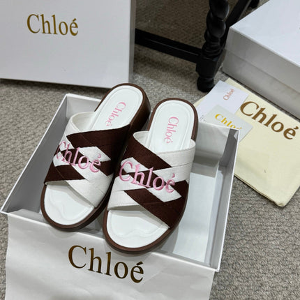 CHLOE 26S FLAT SLIDES IN WHITE & DARK BROWN CANVAS