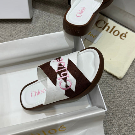 CHLOE 26S FLAT SLIDES IN WHITE & DARK BROWN CANVAS
