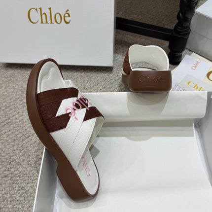 CHLOE 26S FLAT SLIDES IN WHITE & DARK BROWN CANVAS