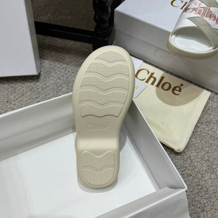 CHLOE 26S FLAT SLIDES IN WHITE & GREIGE CANVAS 