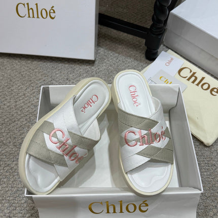CHLOE 26S FLAT SLIDES IN WHITE & GREIGE CANVAS 