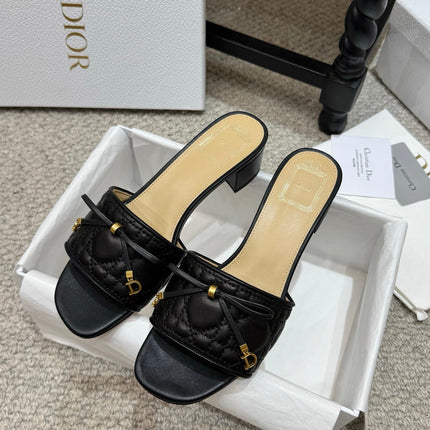 DIOR 26S HEELED MULES 45 MM IN BLACK QUILTED LAMBSKIN GOLD HARDWARE