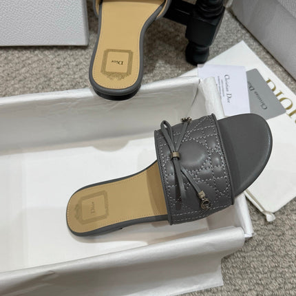 DIOR 26S FLAT MULES IN DARK GREY QUILTED LAMBSKIN SILVER HARDWARE