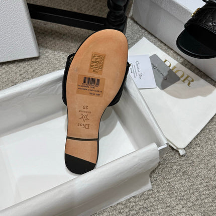 DIOR 26S FLAT MULES IN BLACK QUILTED LAMBSKIN GOLD HARDWARE