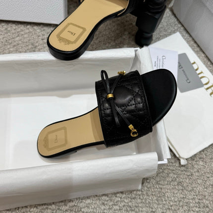 DIOR 26S FLAT MULES IN BLACK QUILTED LAMBSKIN GOLD HARDWARE