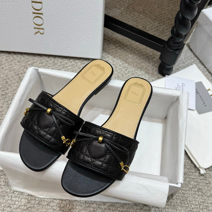 DIOR 26S FLAT MULES IN BLACK QUILTED LAMBSKIN GOLD HARDWARE