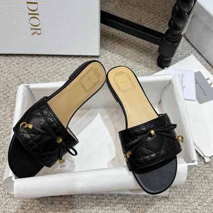 DIOR 26S FLAT MULES IN BLACK QUILTED LAMBSKIN GOLD HARDWARE