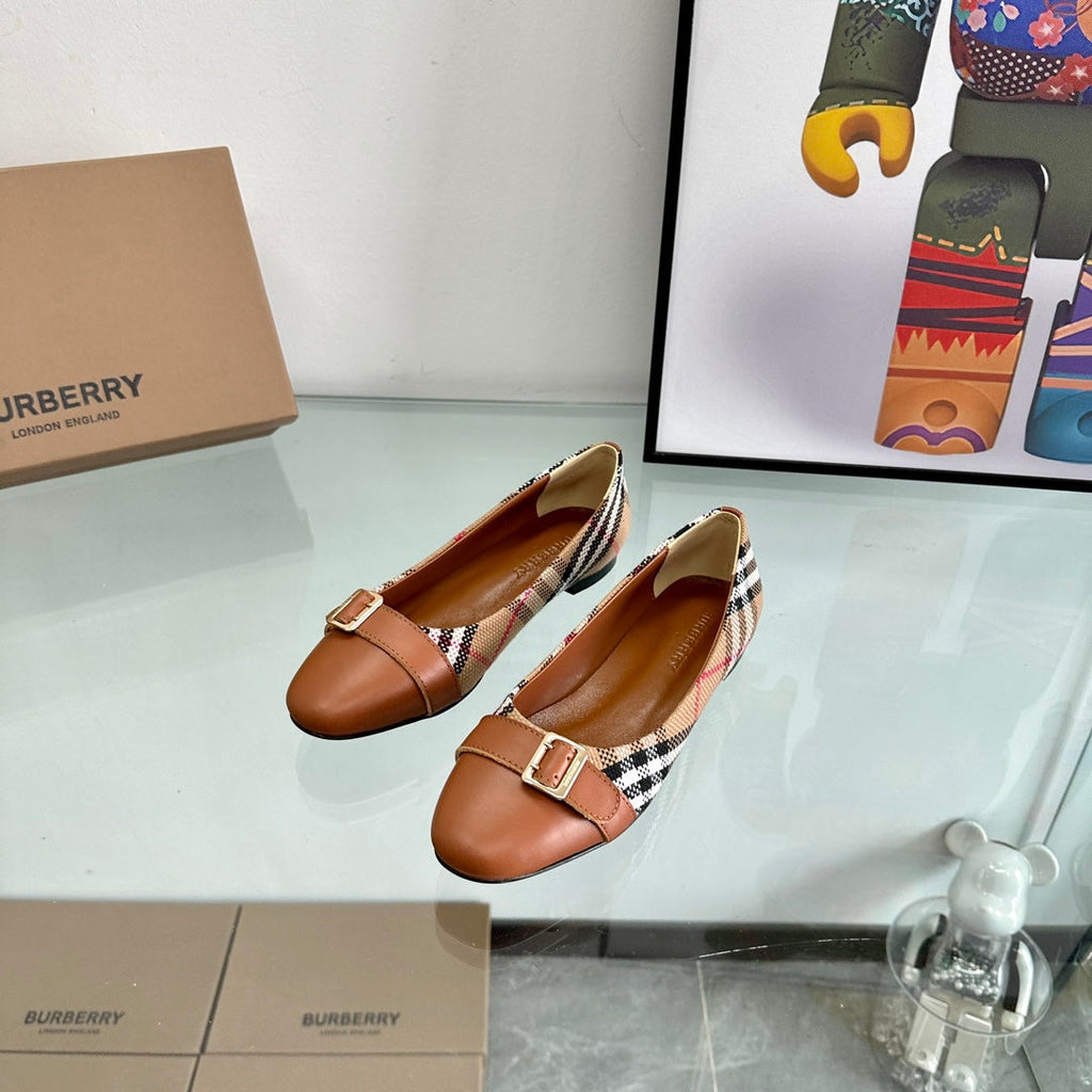 BURBERRY 26S PLAID FLATS IN BROWN CALFSKIN AND FABRIC