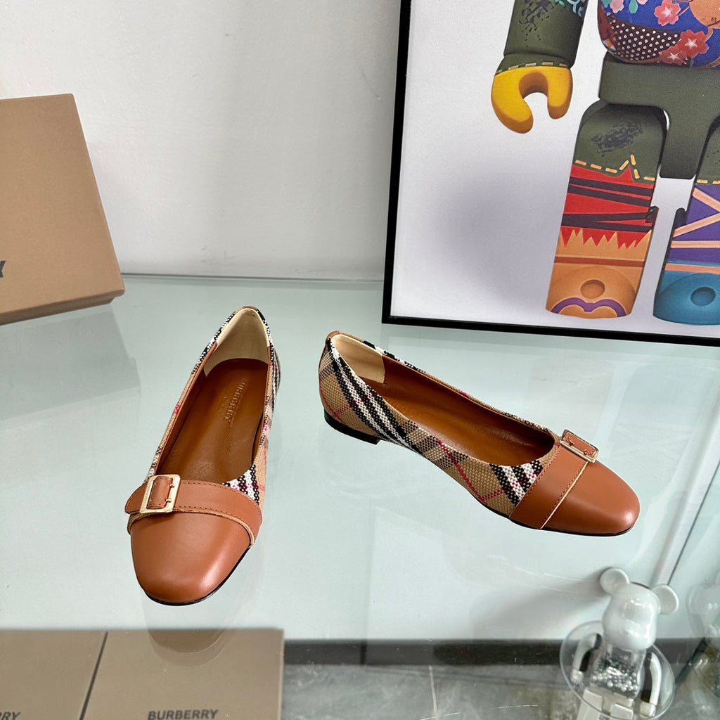 BURBERRY 26S PLAID FLATS IN BROWN CALFSKIN AND FABRIC