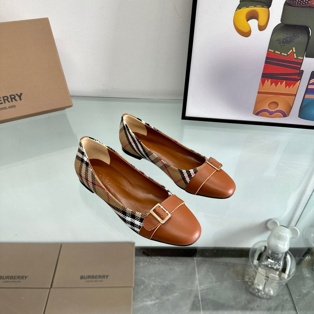 BURBERRY 26S PLAID FLATS IN BROWN CALFSKIN AND FABRIC