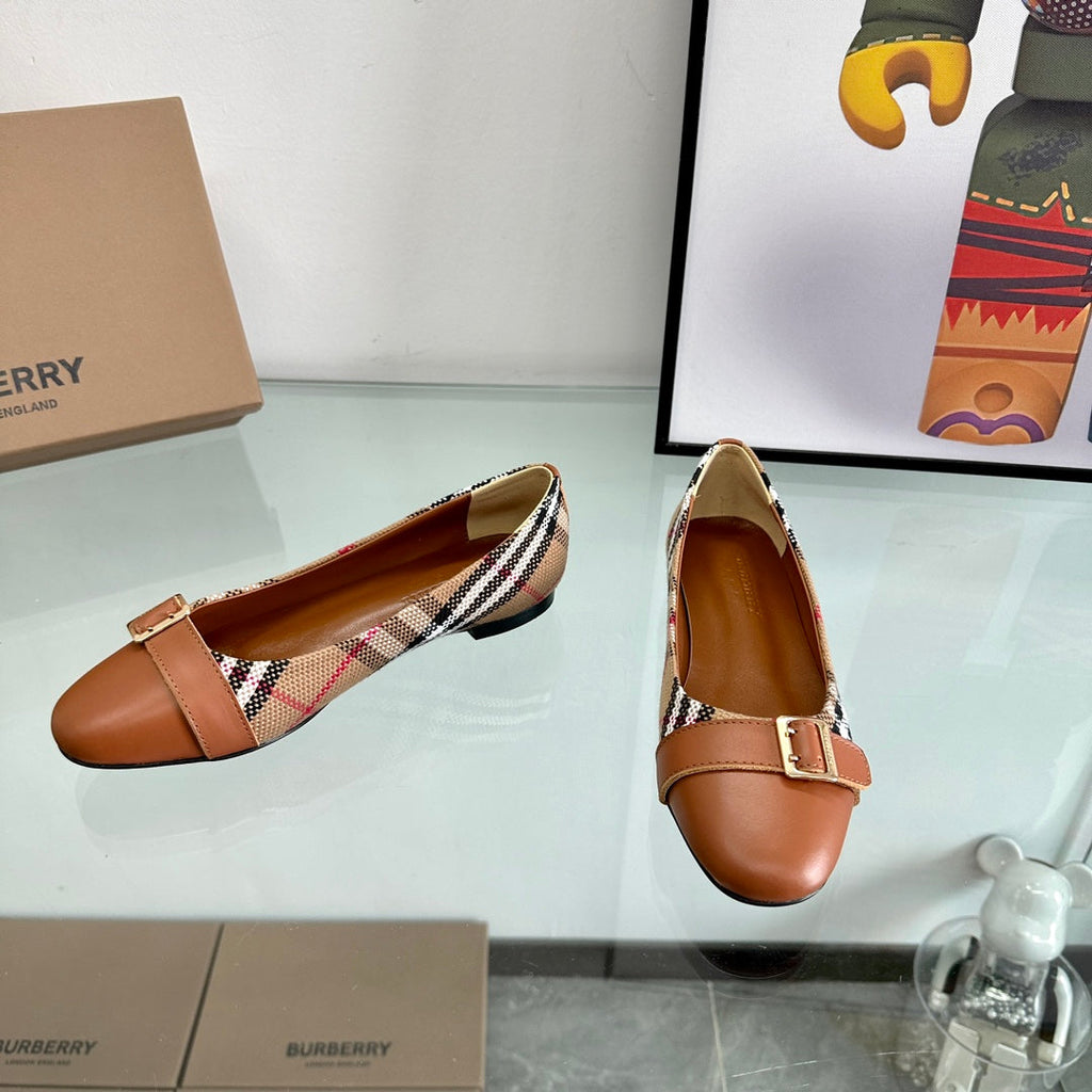 BURBERRY 26S PLAID FLATS IN BROWN CALFSKIN AND FABRIC