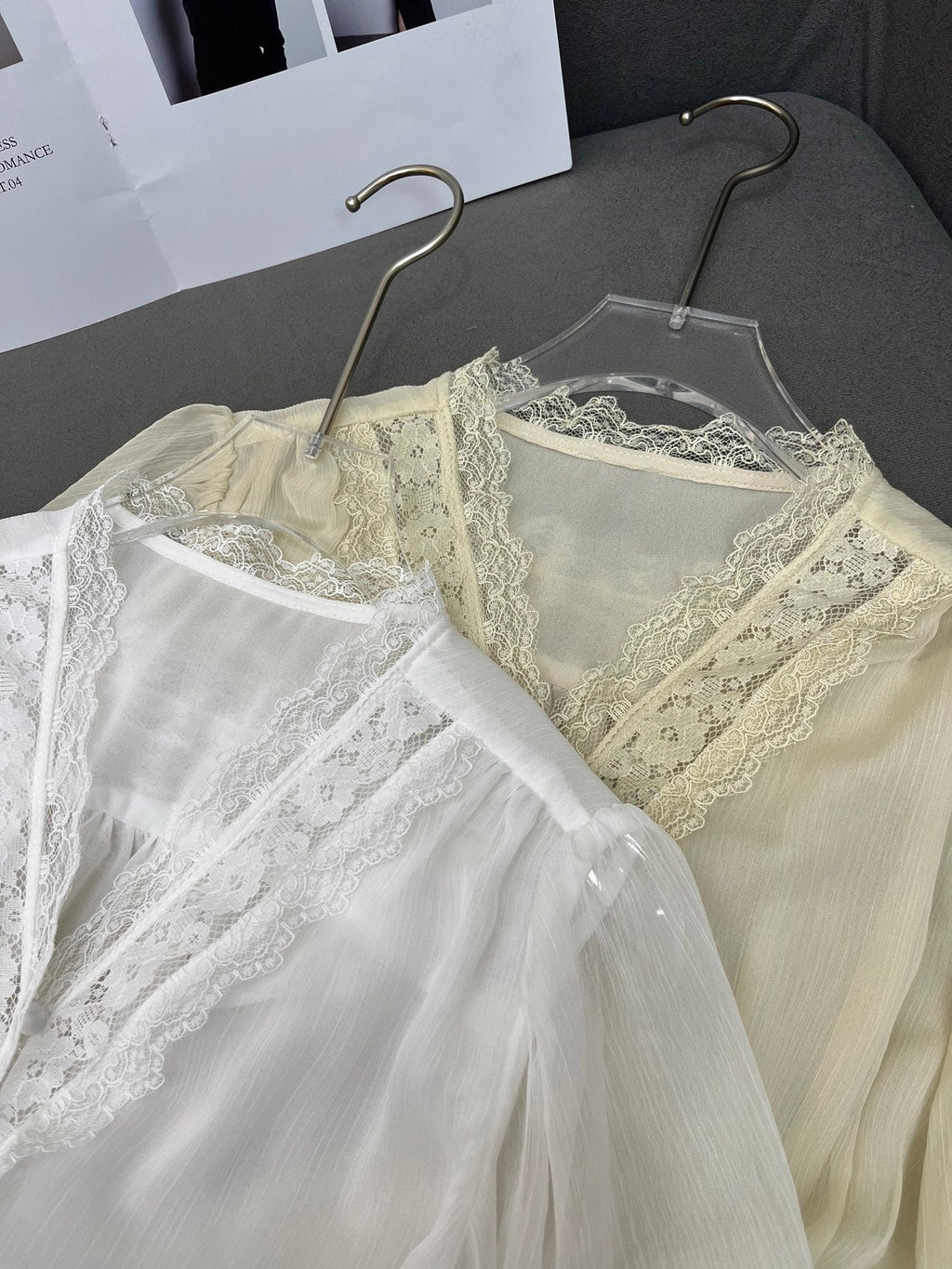 DIOR NEW DESIGN V-NECK LACE BLOUSE WITH PUFF SLEEVES
