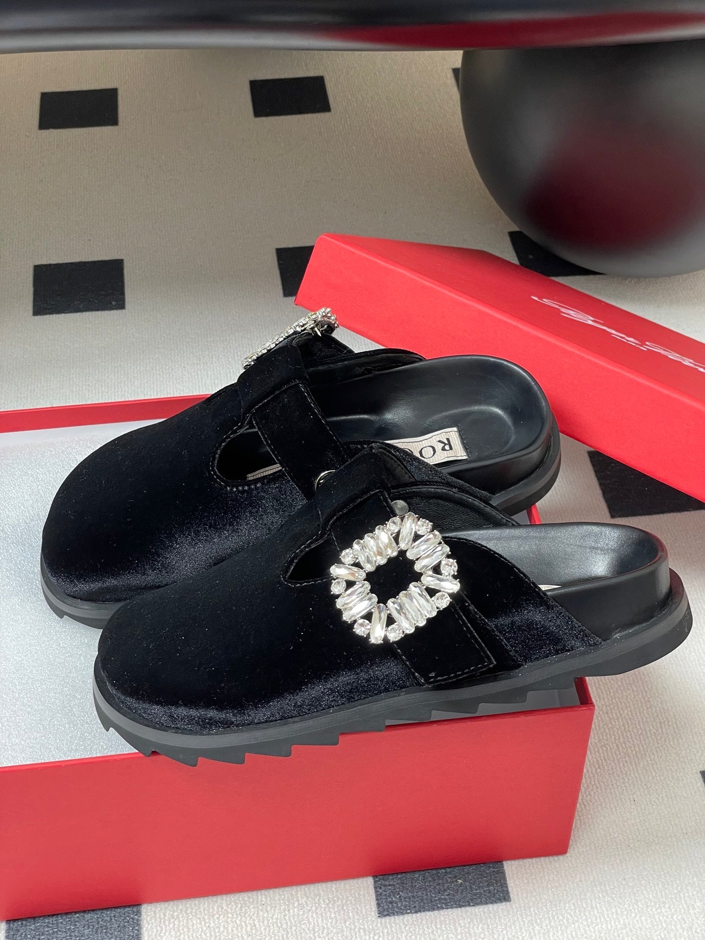 ROGER VIVIER 25S VIV' RANGERS MULES IN BLACK VELVET EMBELLISHED CRYSTALS
