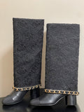 CC FLORAL BOOTS 60MM IN BLACK CALFSKIN WITH GOLD CHAIN