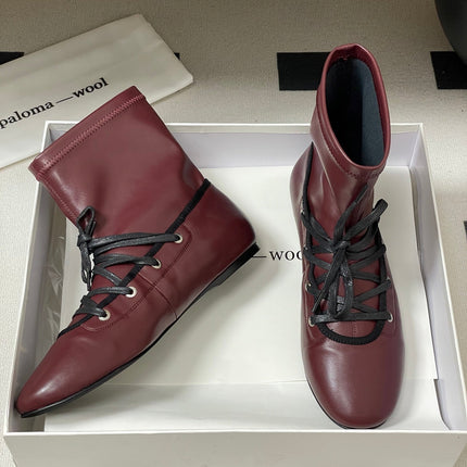 ALO 25S PALOMA WOOL FLAT ANKLE BOOTS IN DEEP RED LAMBSKIN