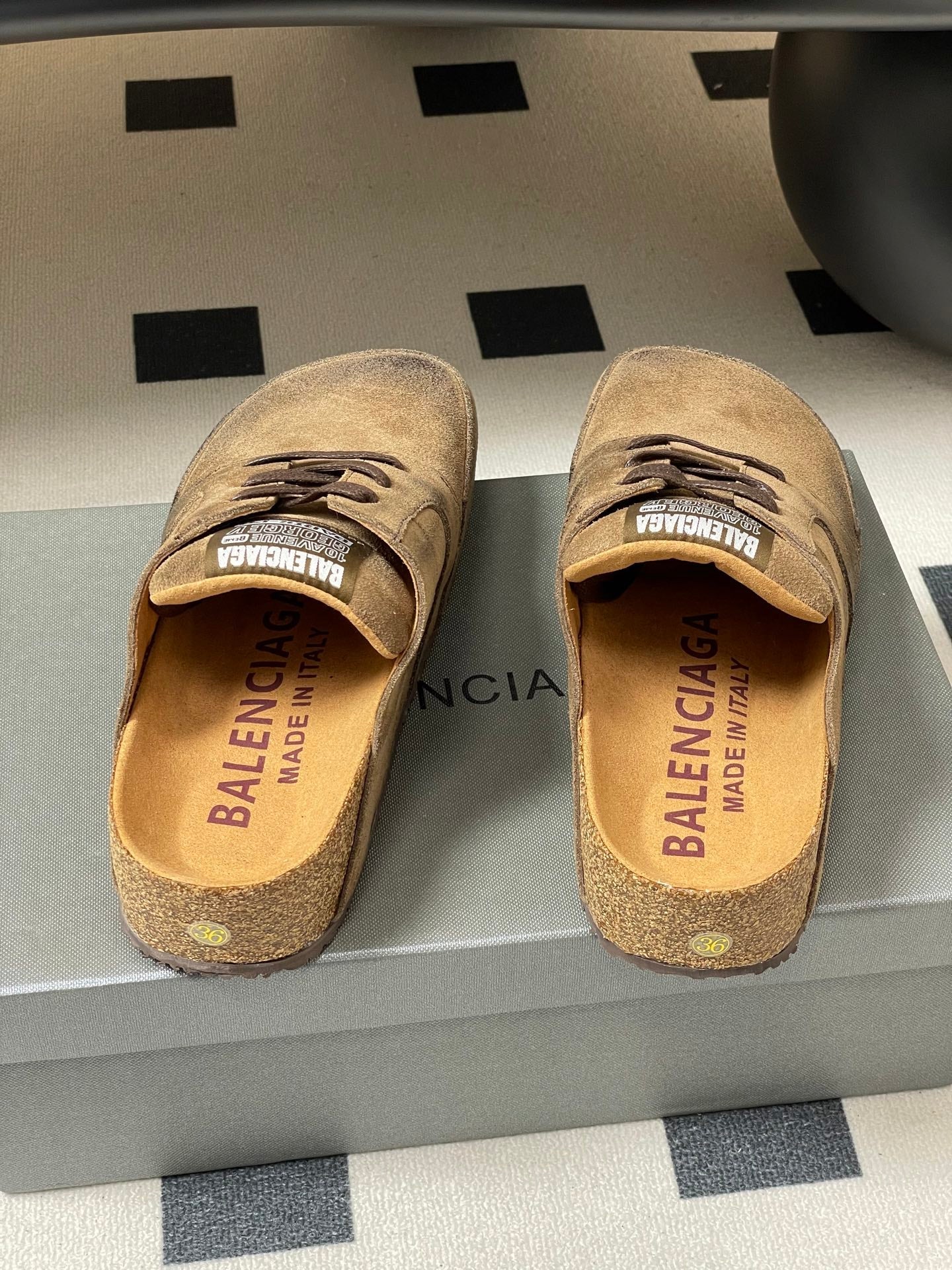 BALENCIAGA 25S MULES BIRKENSTOCK IN CARAMEL BROWN SUEDE